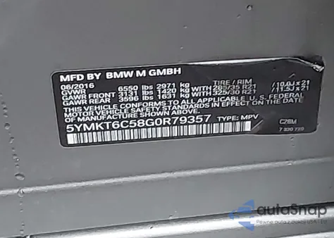 2016 BMW X5 M z USA, uszkodzony, nr VIN 5YMKT6C58G0R79357